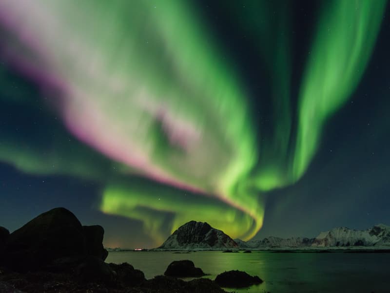Green and pink aurora swirling over snowy peaks and a calm bay in Lofoten, Northern Norway.